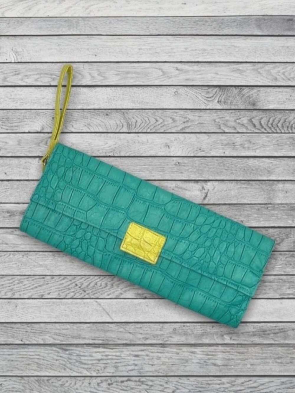 Gianinni Clutch Faux Croc Bold Vibrant Color-block Turquoise Yellow Wrist Strap